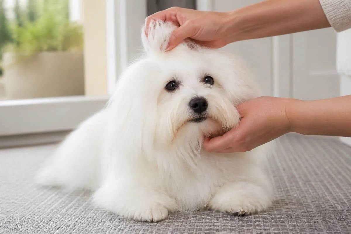 Portrait rapproché d’un coton de tuléar pour illustrer le pelage et les soins courants