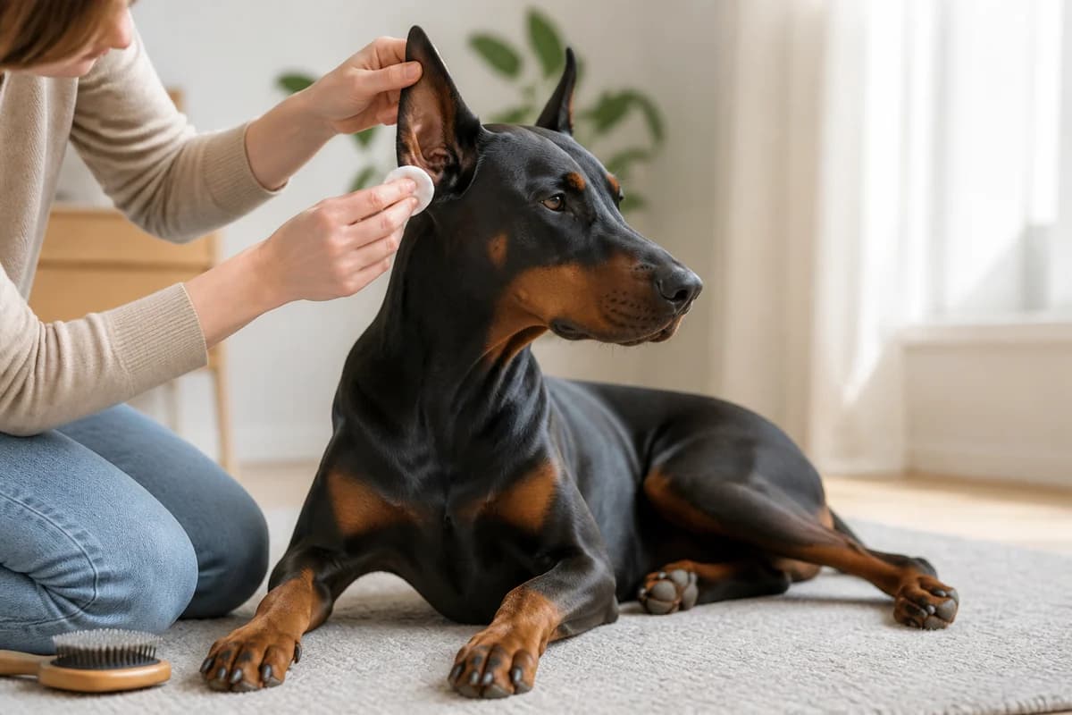 Portrait rapproché d’un dobermann pour illustrer le pelage et les soins courants