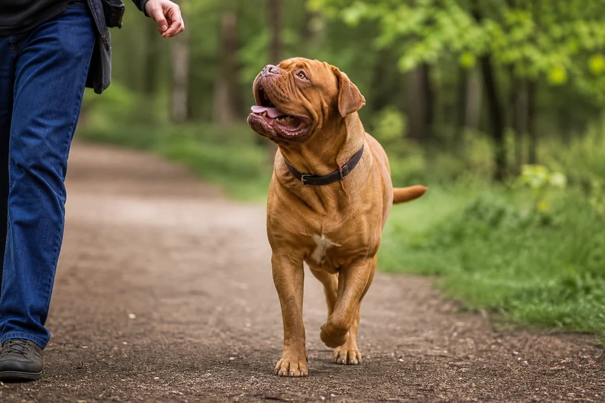 Dogue de Bordeaux observé pendant une sortie adaptée à son gabarit