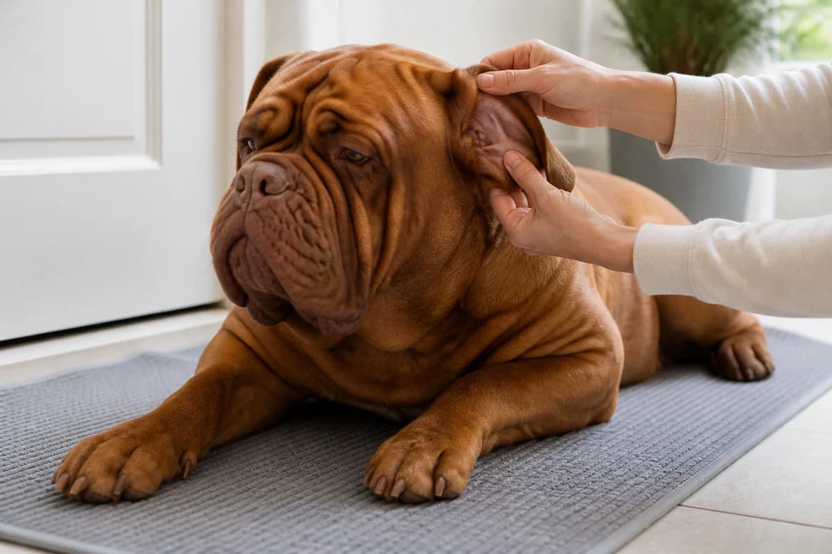 Portrait rapproché d’un dogue de bordeaux pour illustrer le pelage et les soins courants