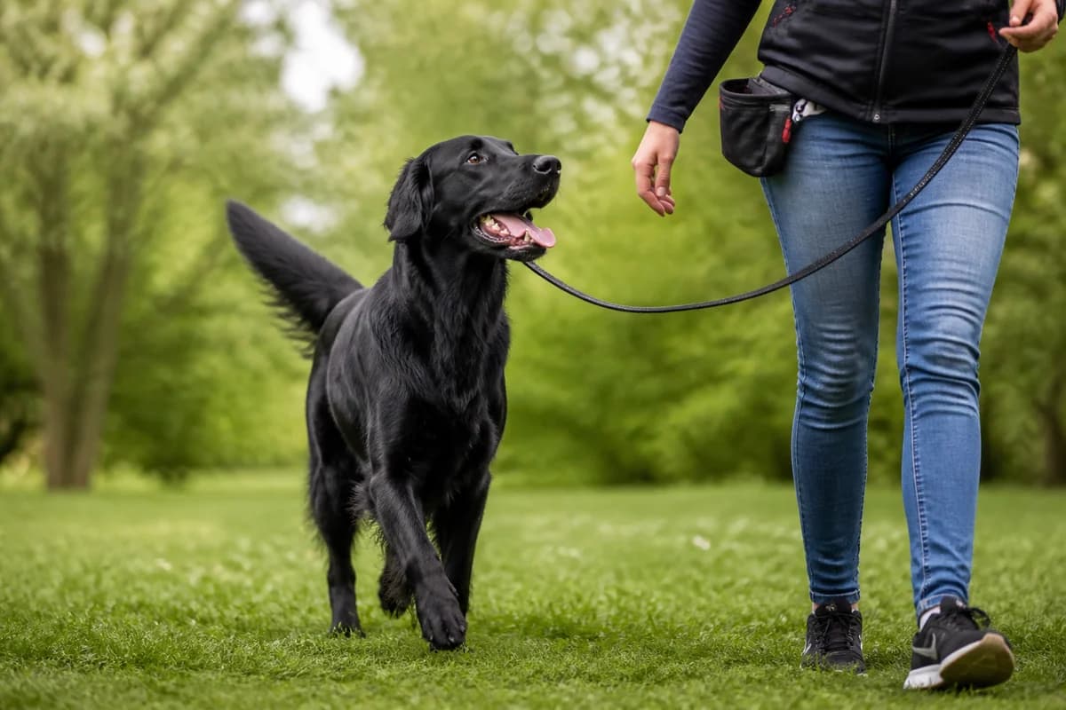 Flat-coated retriever observé pendant une sortie adaptée à son gabarit