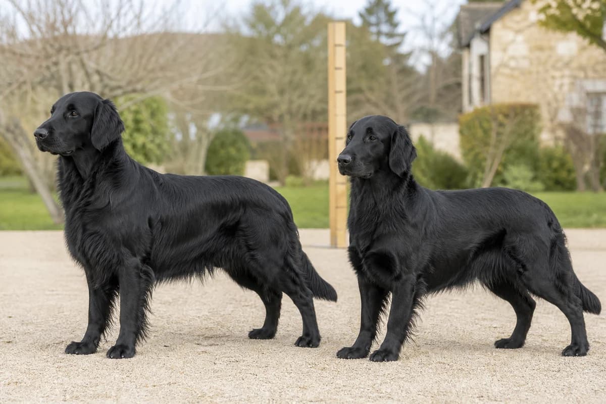 Flat-coated retriever adulte, vue de la silhouette et du gabarit