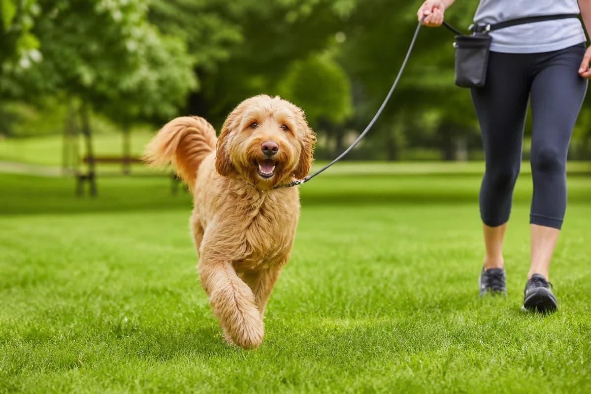 Goldendoodle (Golden × Caniche) observé pendant une sortie adaptée à son gabarit