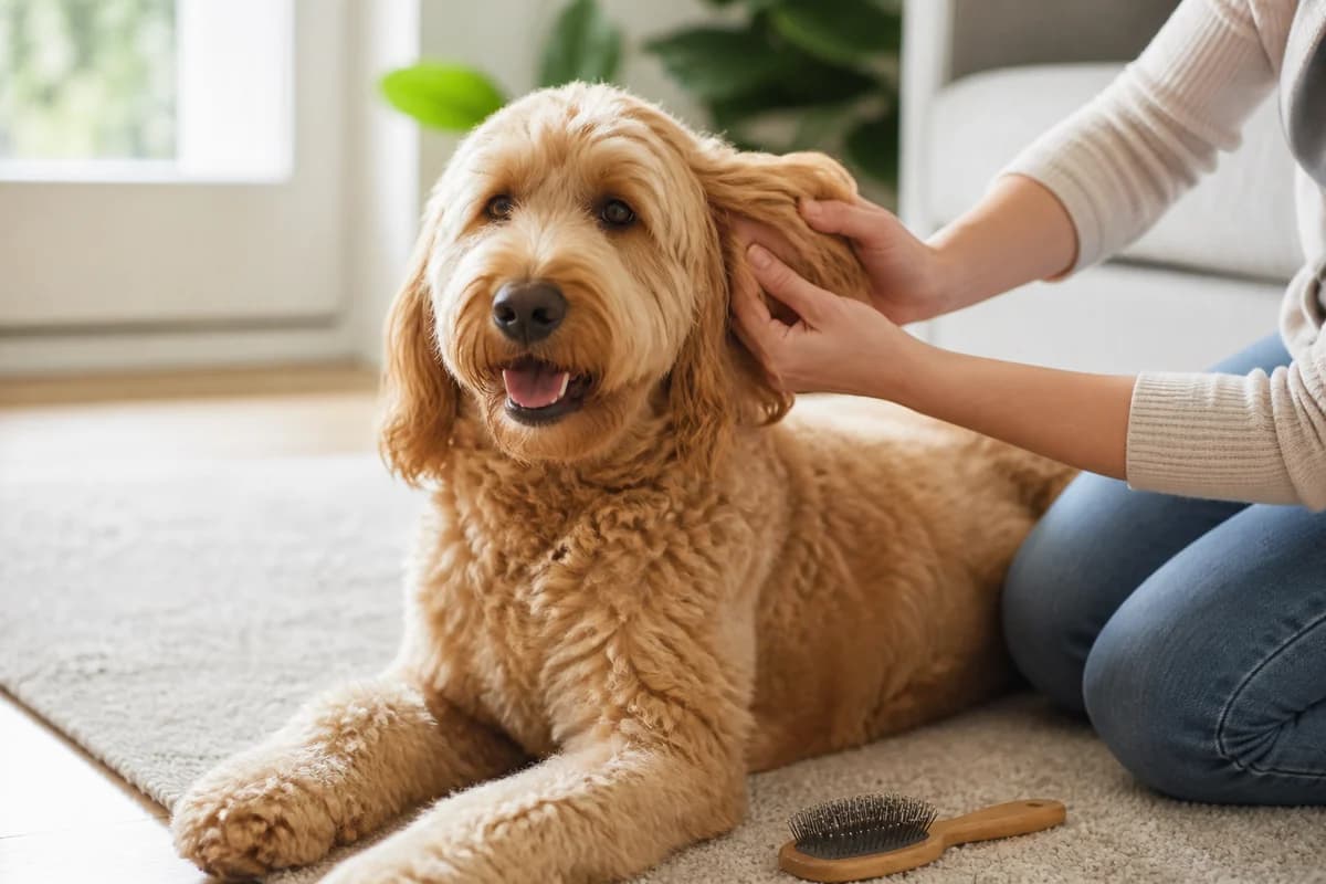 Portrait rapproché d’un goldendoodle (golden × caniche) pour illustrer le pelage et les soins courants