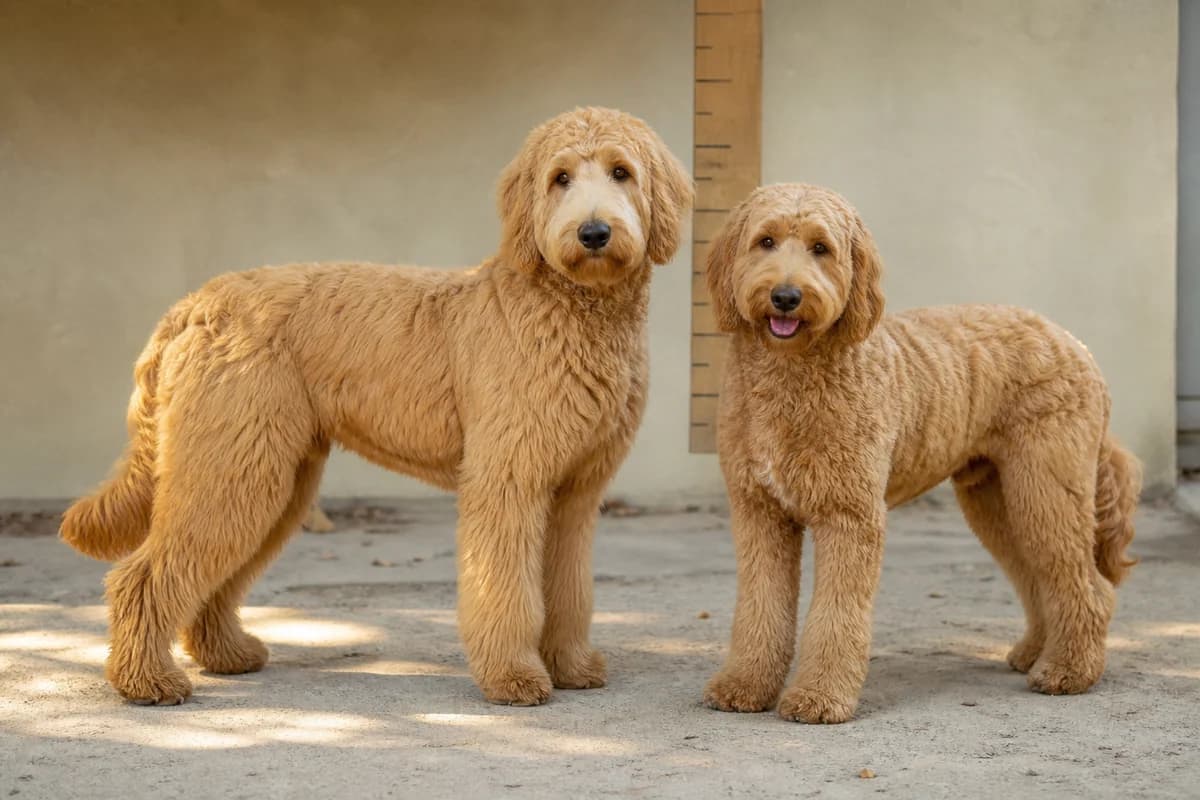 Goldendoodle (Golden × Caniche) adulte, vue de la silhouette et du gabarit