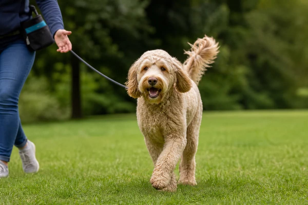 Labradoodle (Labrador × Caniche) observé pendant une sortie adaptée à son gabarit