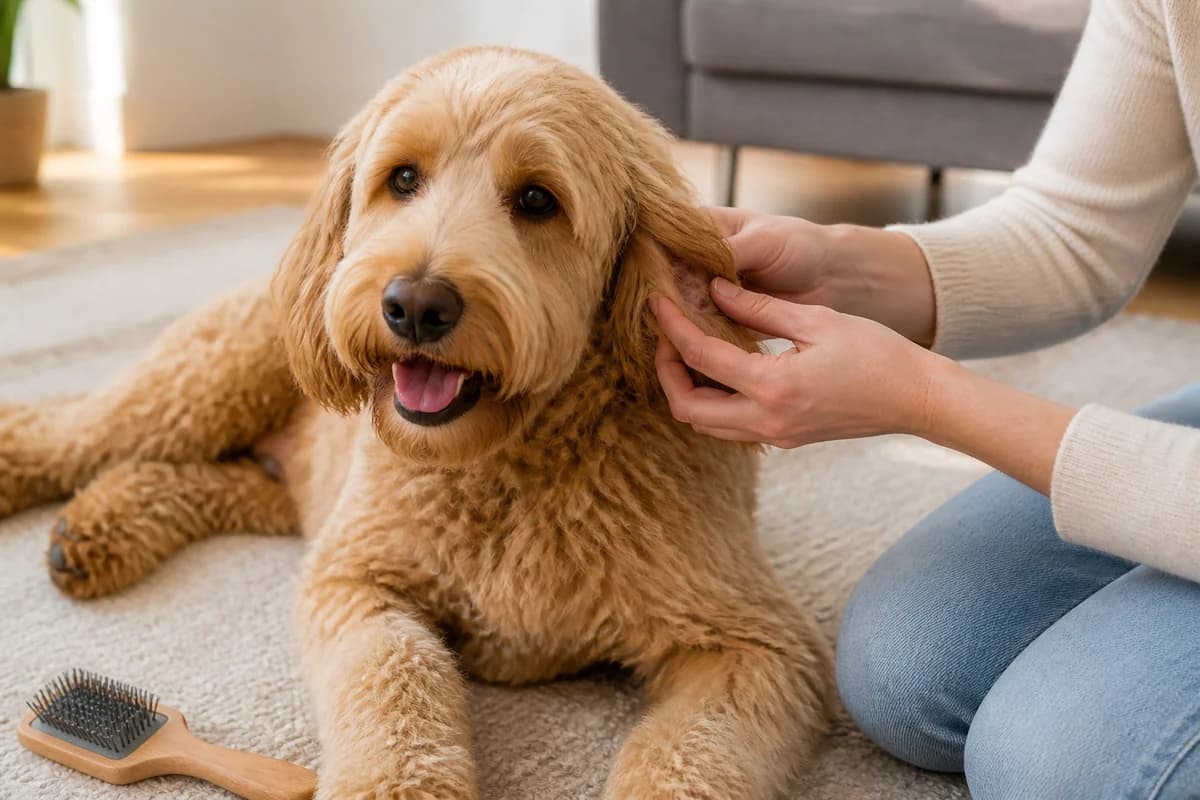 Portrait rapproché d’un labradoodle (labrador × caniche) pour illustrer le pelage et les soins courants