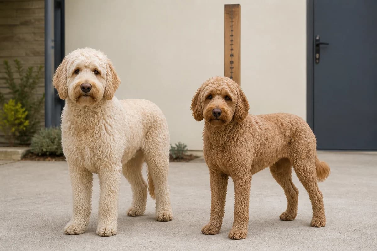 Labradoodle (Labrador × Caniche) adulte, vue de la silhouette et du gabarit