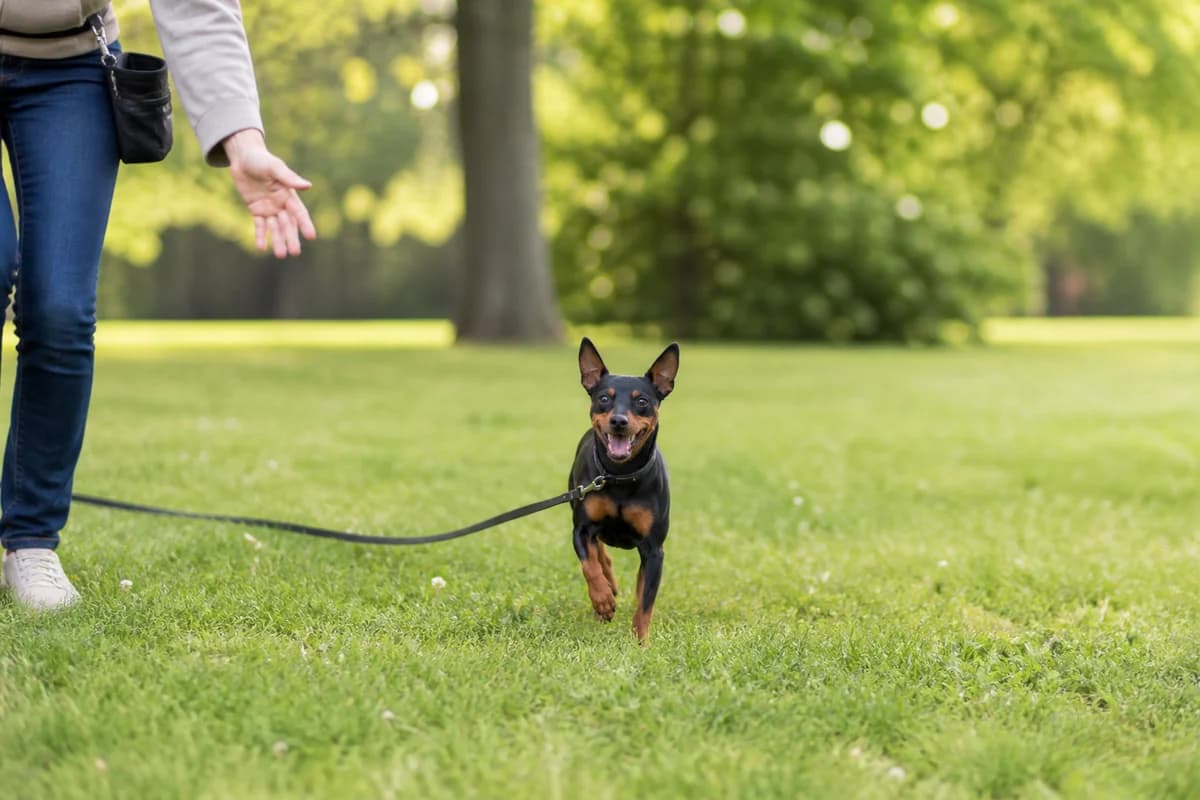 Pinscher nain observé pendant une sortie adaptée à son gabarit