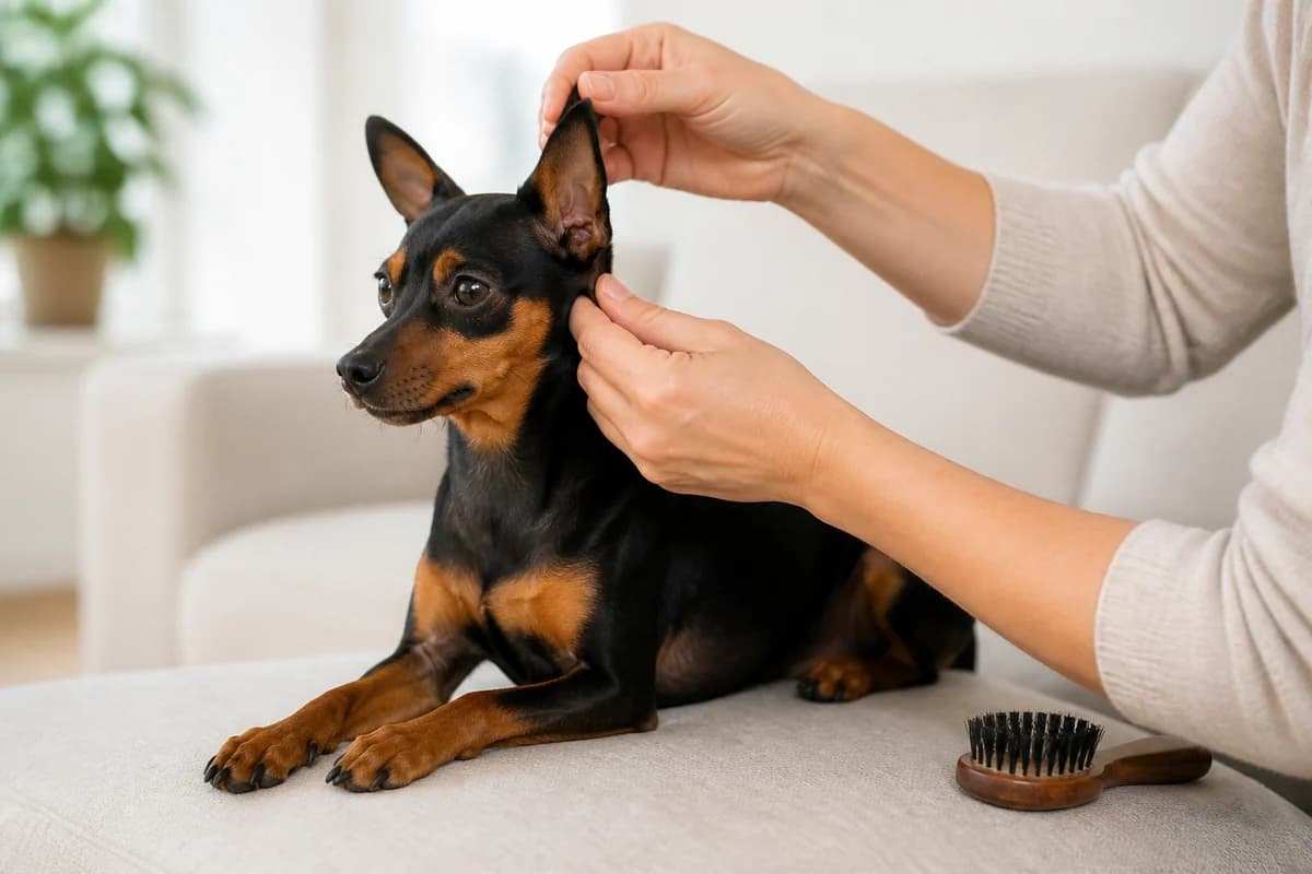 Portrait rapproché d’un pinscher nain pour illustrer le pelage et les soins courants