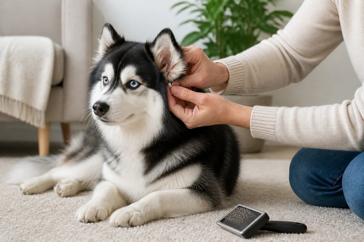 Portrait rapproché d’un pomsky (spitz × husky) pour illustrer le pelage et les soins courants