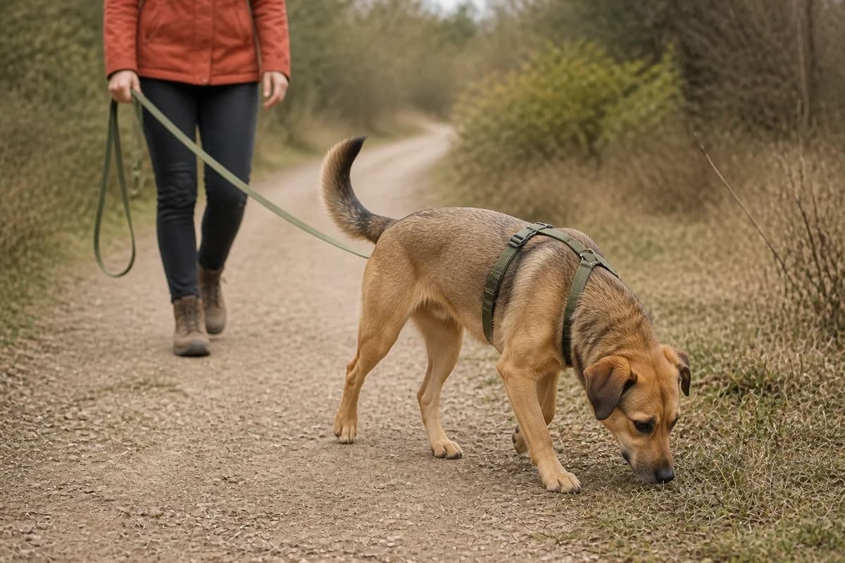 Chien qui explore une odeur en longe détendue sur un sentier avec sa propriétaire