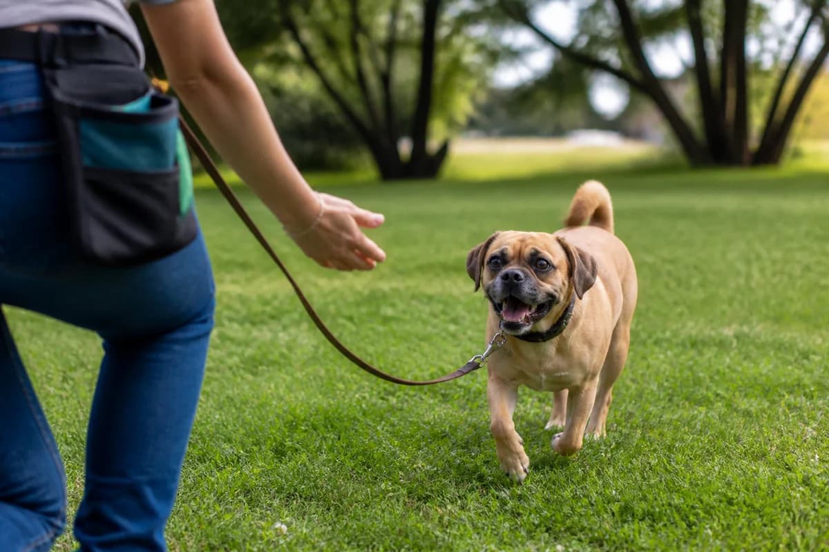 Puggle (Carlin × Beagle) observé pendant une sortie adaptée à son gabarit