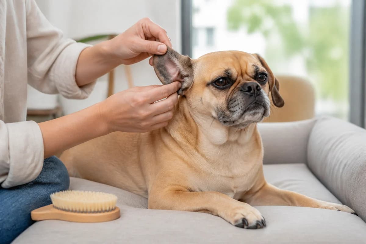 Portrait rapproché d’un puggle (carlin × beagle) pour illustrer le pelage et les soins courants