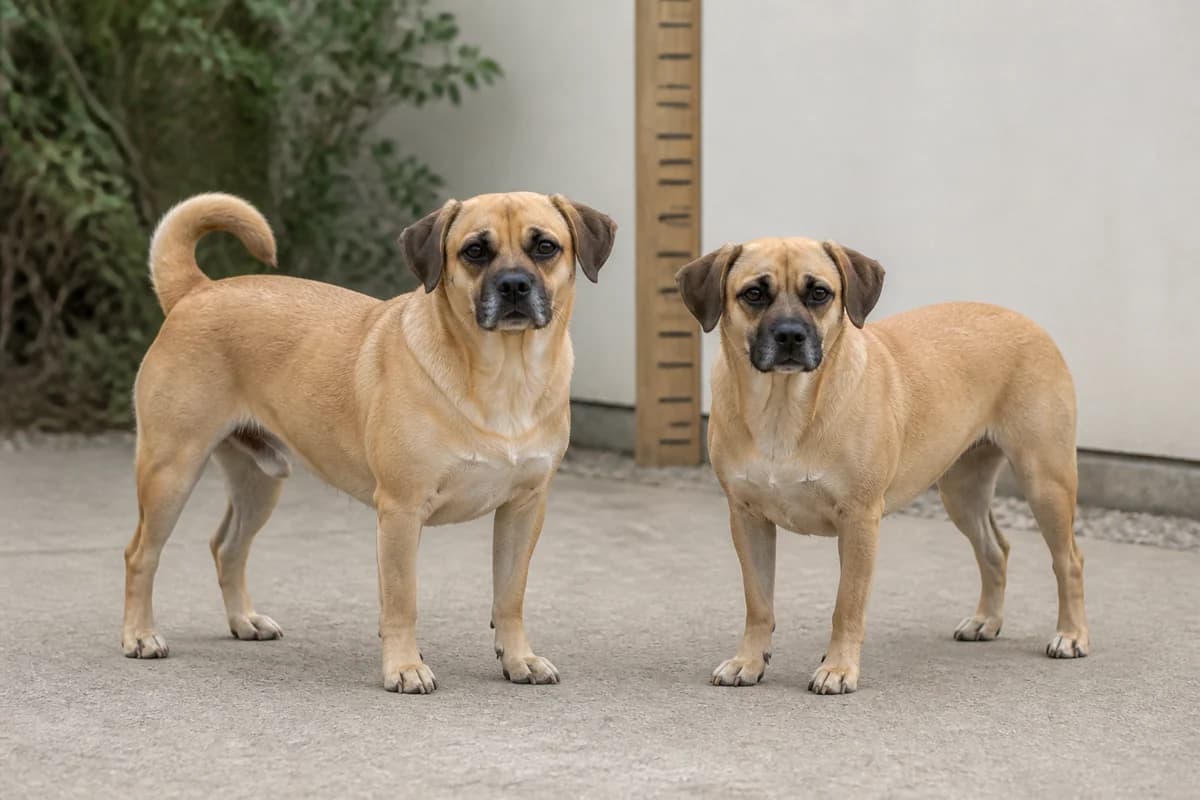 Puggle (Carlin × Beagle) adulte, vue de la silhouette et du gabarit