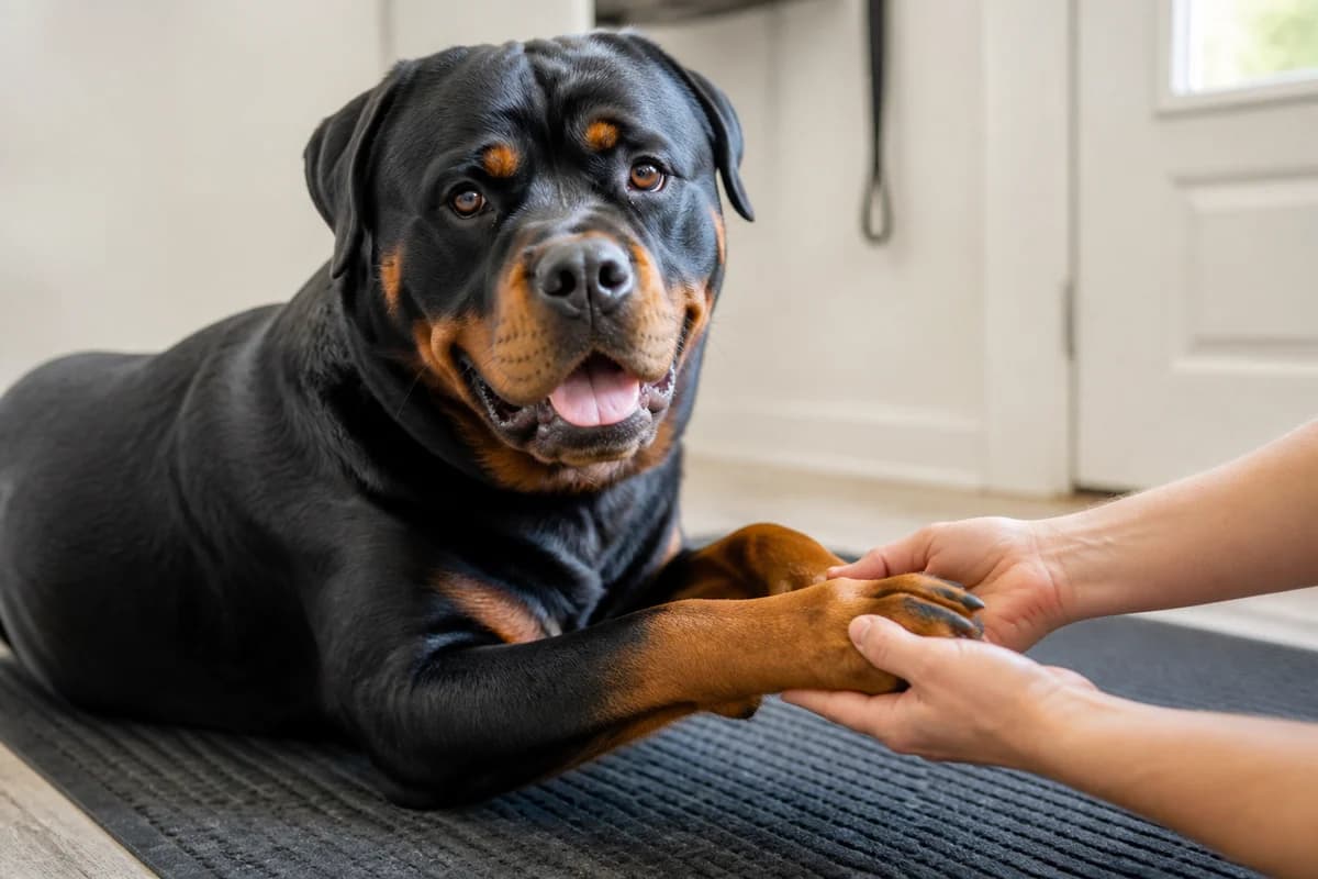 Portrait rapproché d’un rottweiler pour illustrer le pelage et les soins courants