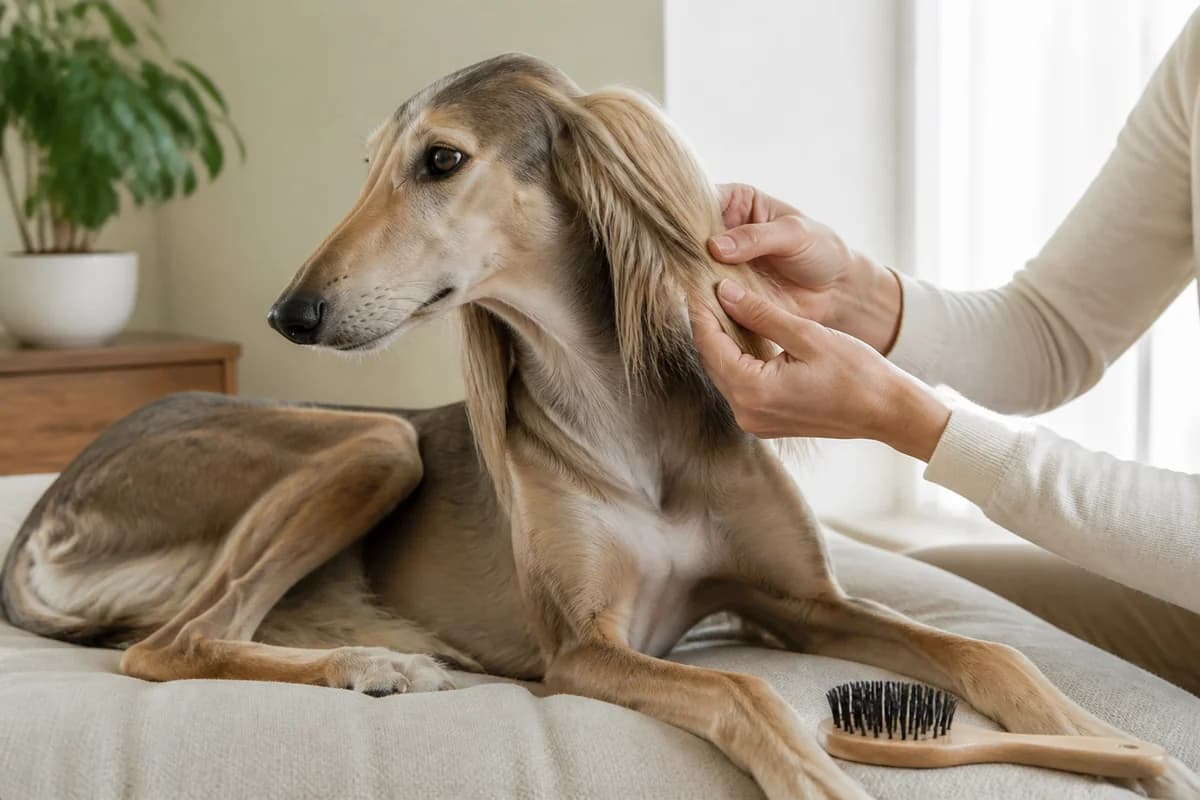 Portrait rapproché d’un saluki pour illustrer le pelage et les soins courants