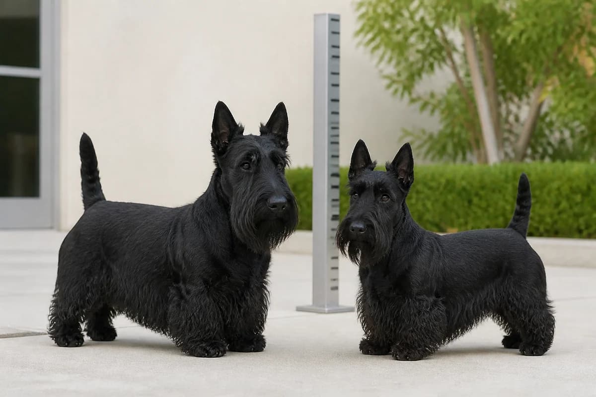 Scottish terrier adulte, vue de la silhouette et du gabarit