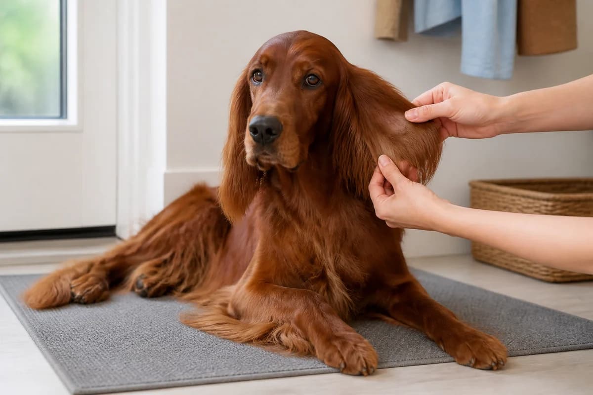 Portrait rapproché d’un setter irlandais pour illustrer le pelage et les soins courants