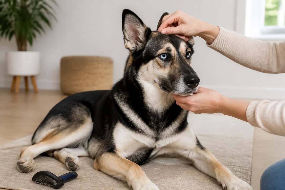 Portrait rapproché d’un shepsky (berger allemand × husky) pour illustrer le pelage et les soins courants