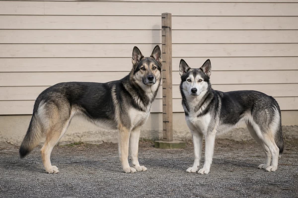 Shepsky (Berger allemand × Husky) adulte, vue de la silhouette et du gabarit