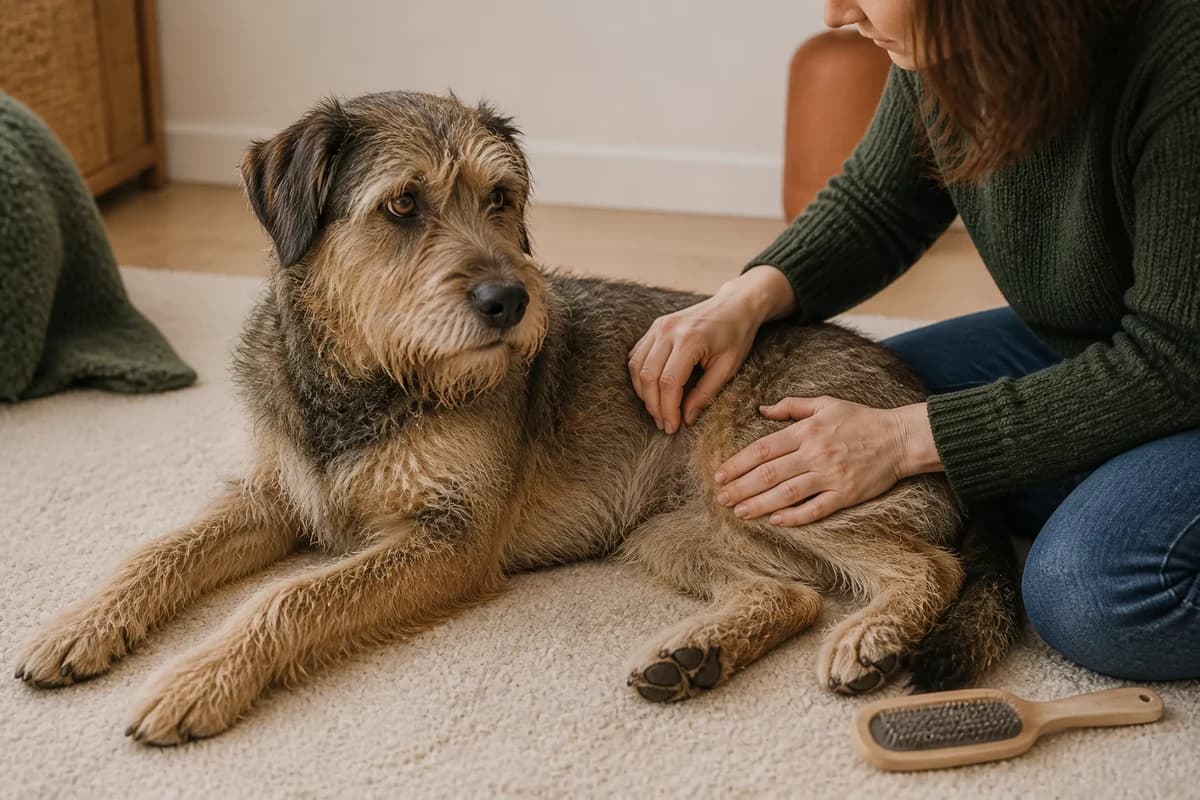 Chien détendu pendant une observation douce de son pelage et de sa peau à la maison