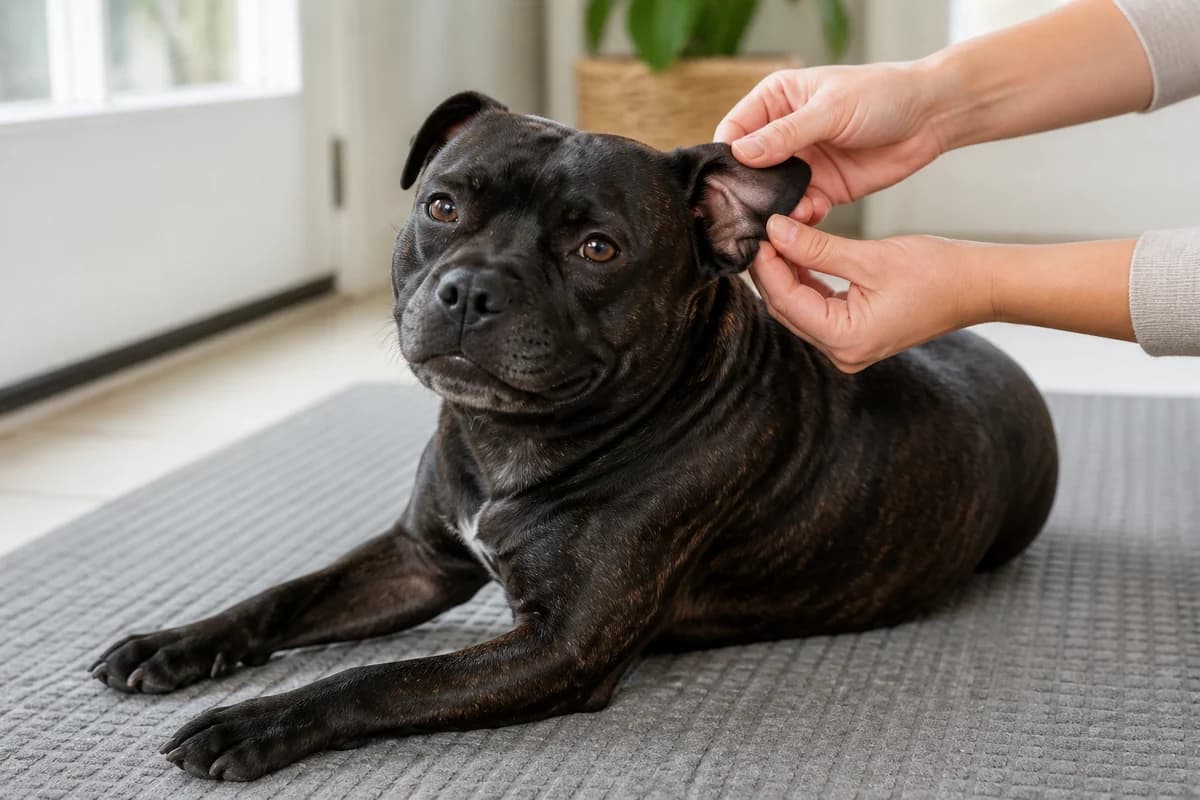 Portrait rapproché d’un staffordshire bull terrier pour illustrer le pelage et les soins courants