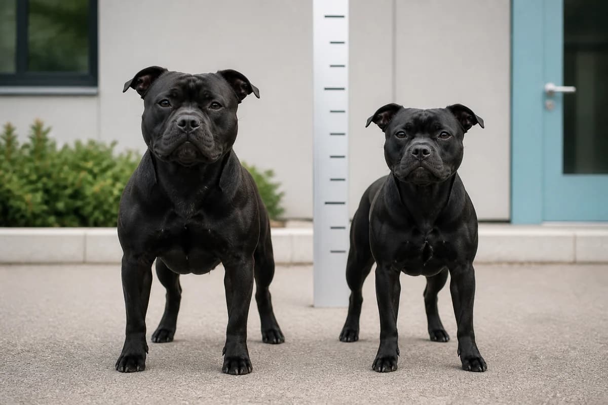 Staffordshire bull terrier adulte, vue de la silhouette et du gabarit