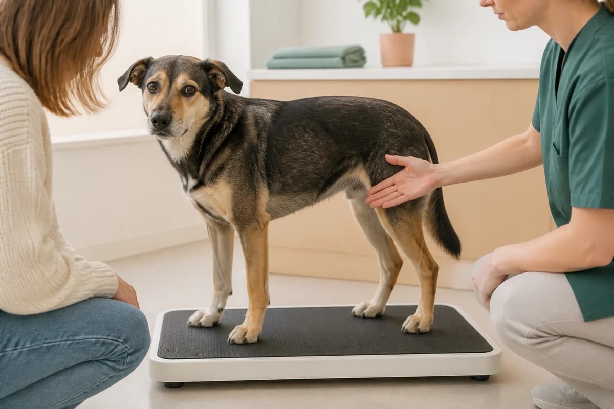 Chien debout sur une balance pendant une observation de sa silhouette en consultation