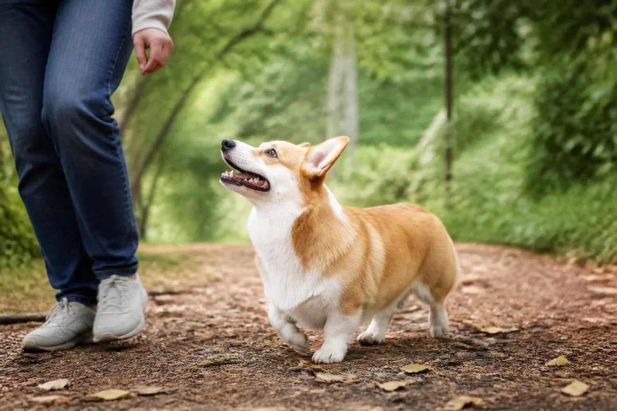 Welsh corgi Pembroke observé pendant une sortie adaptée à son gabarit