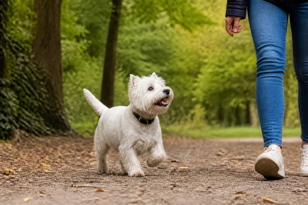 West Highland white terrier observé pendant une sortie adaptée à son gabarit