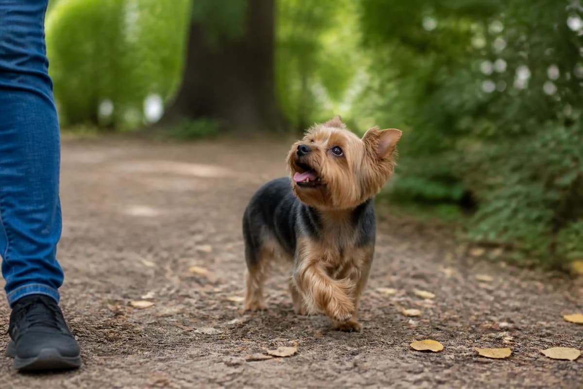 Yorkshire terrier observé pendant une sortie adaptée à son gabarit