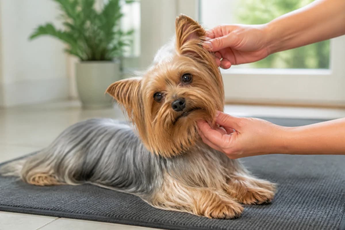 Portrait rapproché d’un yorkshire terrier pour illustrer le pelage et les soins courants
