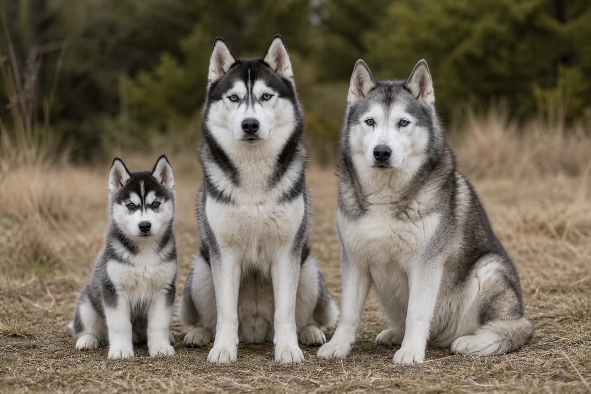 Portrait de trois husky de sibérie : un chiot, un adulte et un chien âgé
