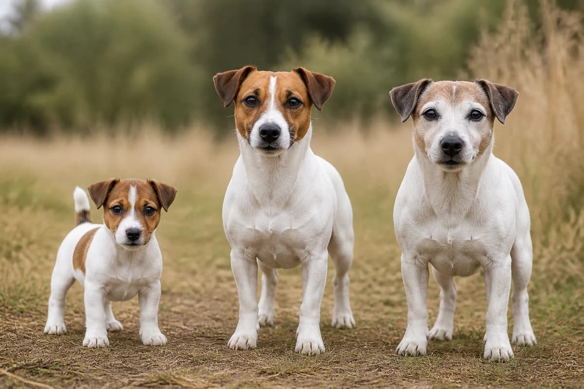 Portrait de trois jack russell terrier : un chiot, un adulte et un chien âgé