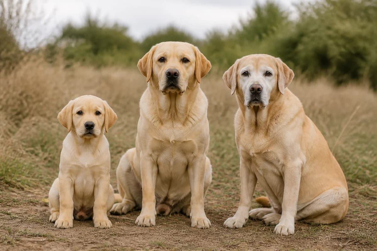 Portrait de trois labrador retriever : un chiot, un adulte et un chien âgé