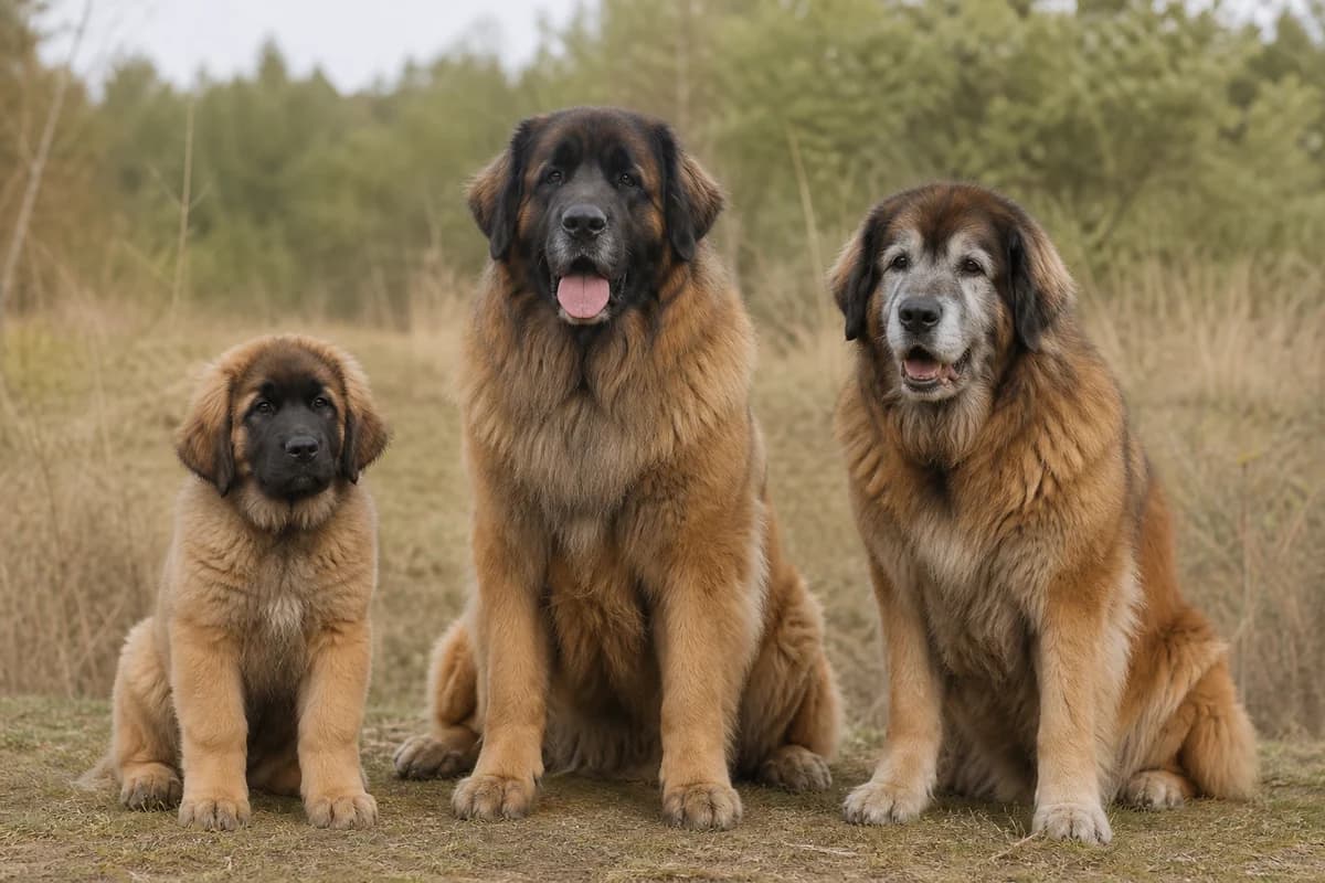 Portrait de trois leonberg : un chiot, un adulte et un chien âgé