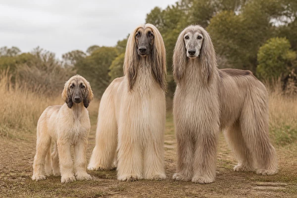 Portrait de trois lévrier afghan : un chiot, un adulte et un chien âgé