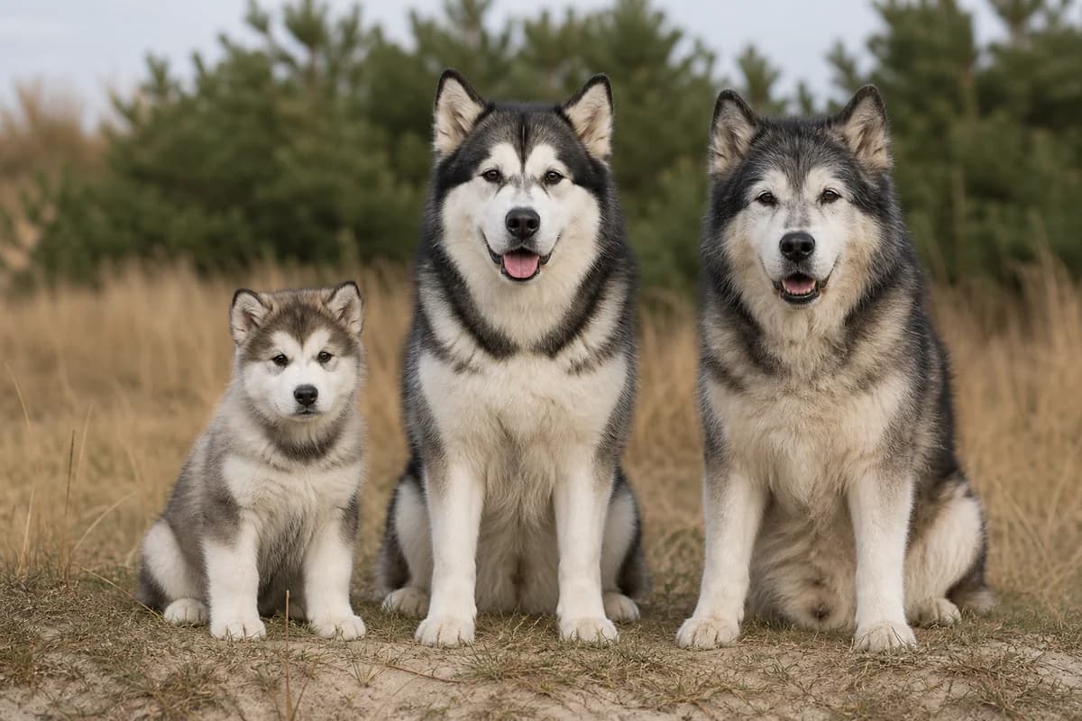 Portrait de trois malamute de l’alaska : un chiot, un adulte et un chien âgé