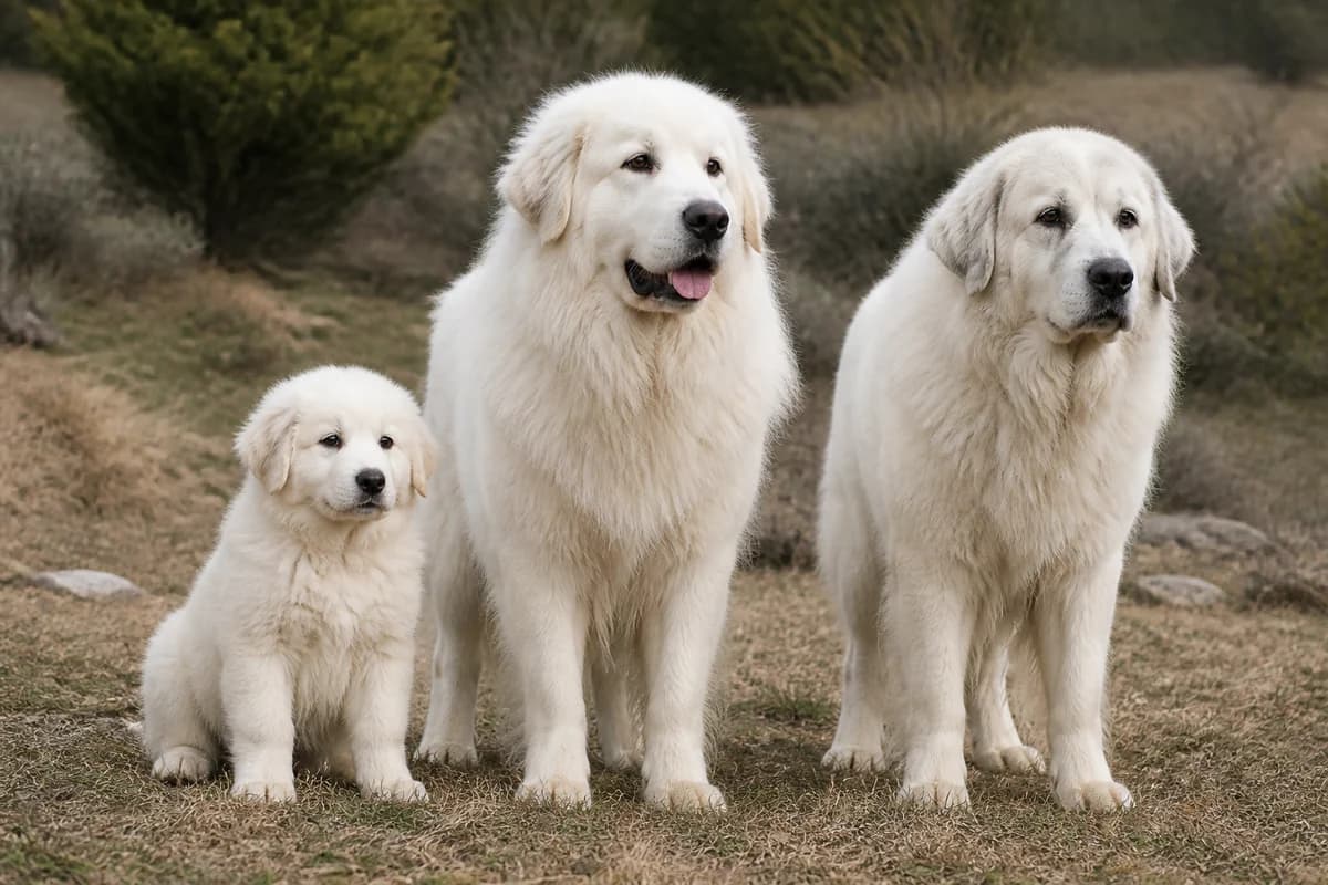 Portrait de trois montagne des pyrénées : un chiot, un adulte et un chien âgé
