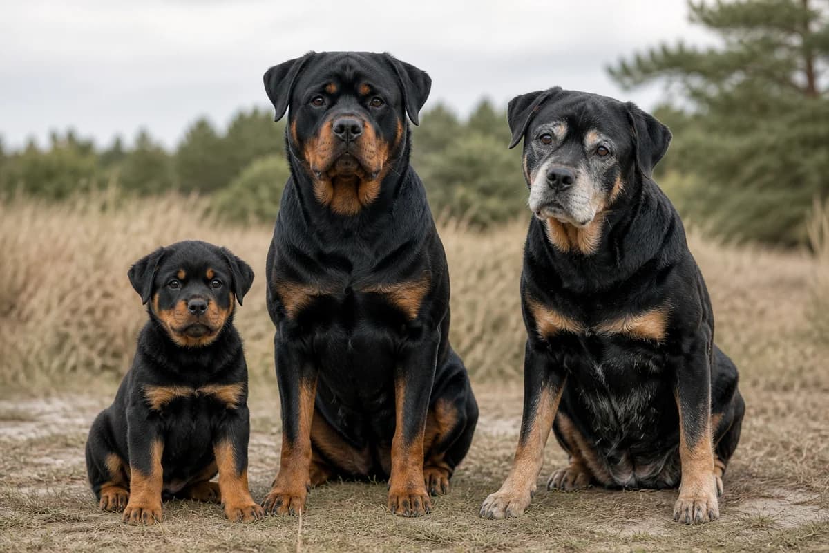 Portrait de trois rottweiler : un chiot, un adulte et un chien âgé