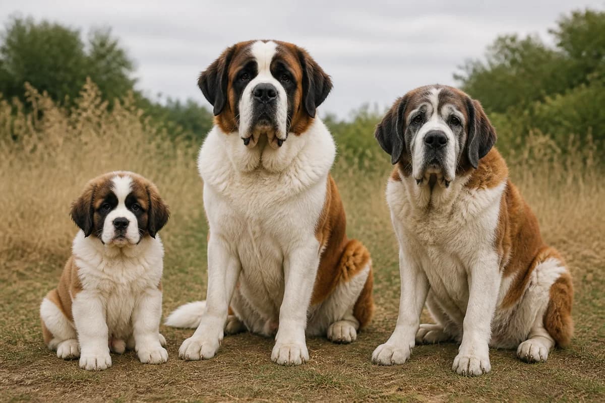 Portrait de trois saint-bernard : un chiot, un adulte et un chien âgé
