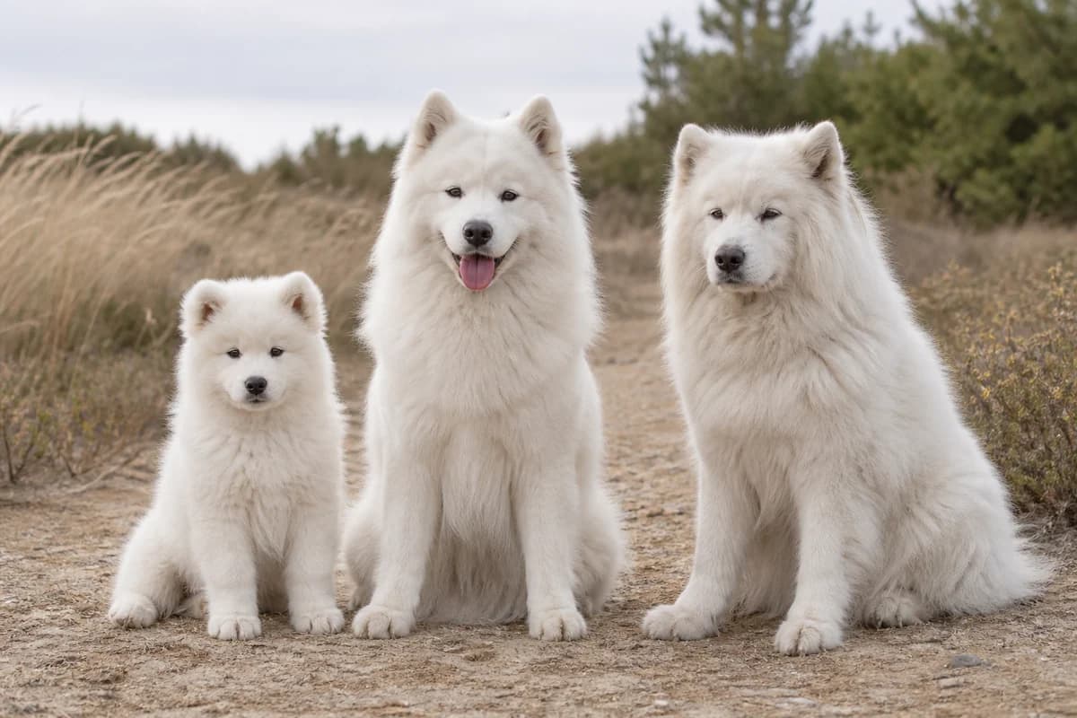 Portrait de trois samoyède : un chiot, un adulte et un chien âgé
