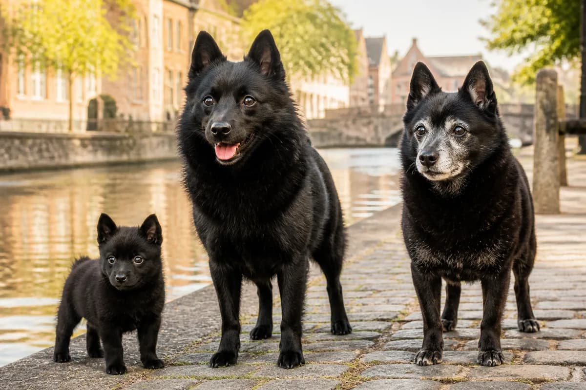 Portrait de trois schipperke : un chiot, un adulte et un chien âgé