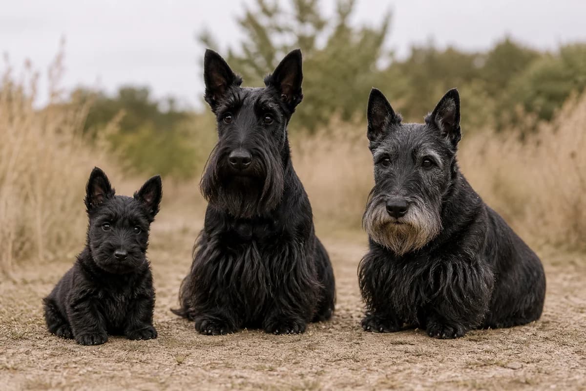 Portrait de trois scottish terrier : un chiot, un adulte et un chien âgé