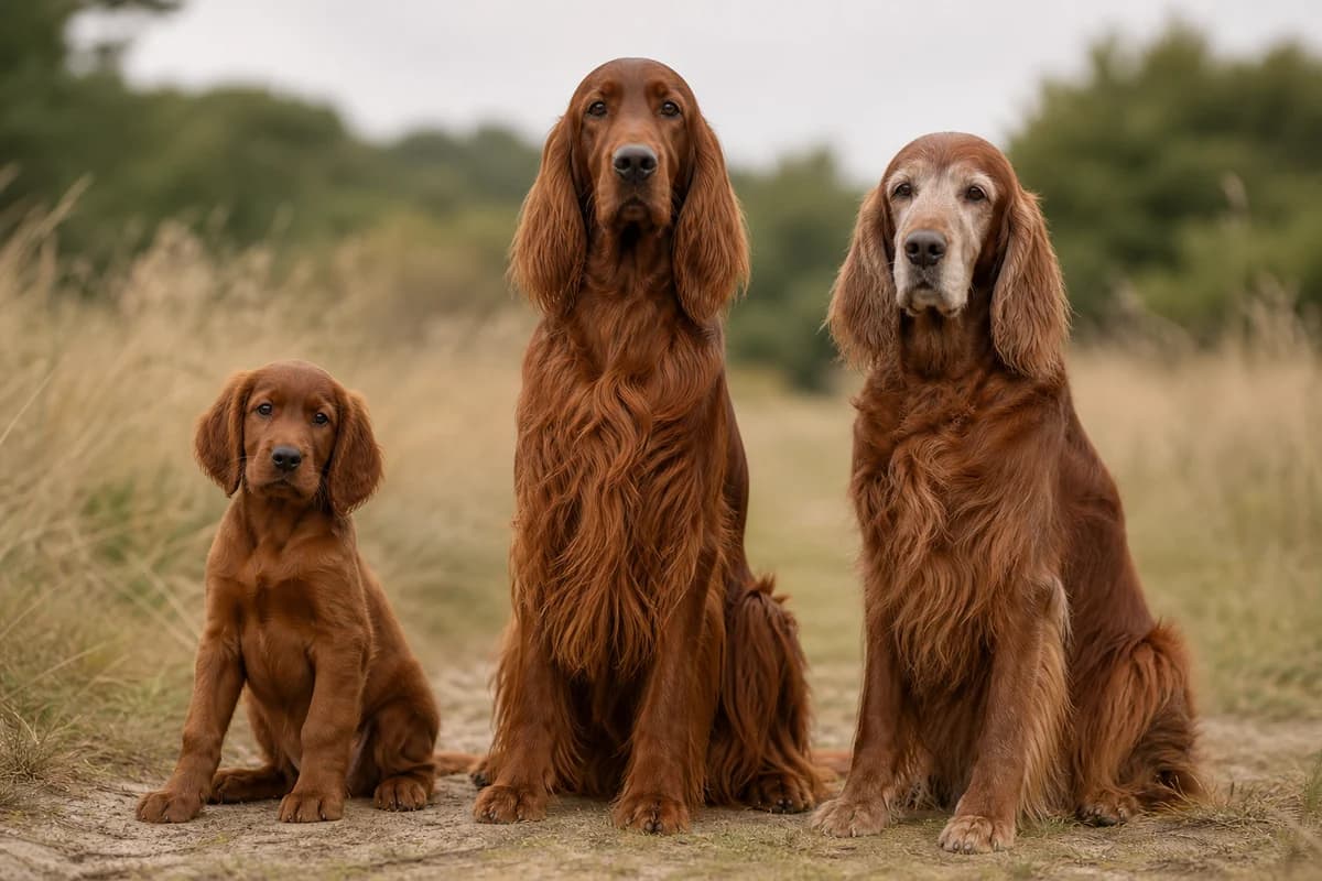 Portrait de trois setter irlandais : un chiot, un adulte et un chien âgé