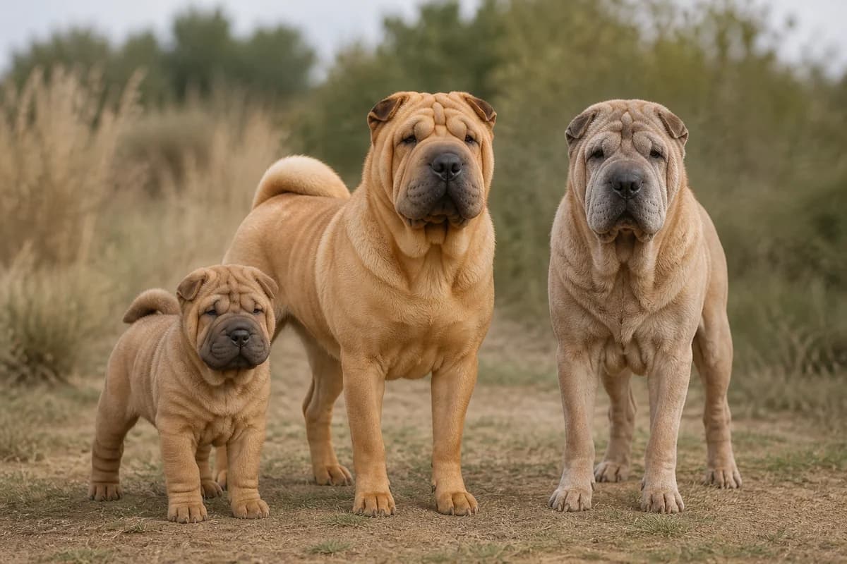Portrait de trois shar-peï : un chiot, un adulte et un chien âgé