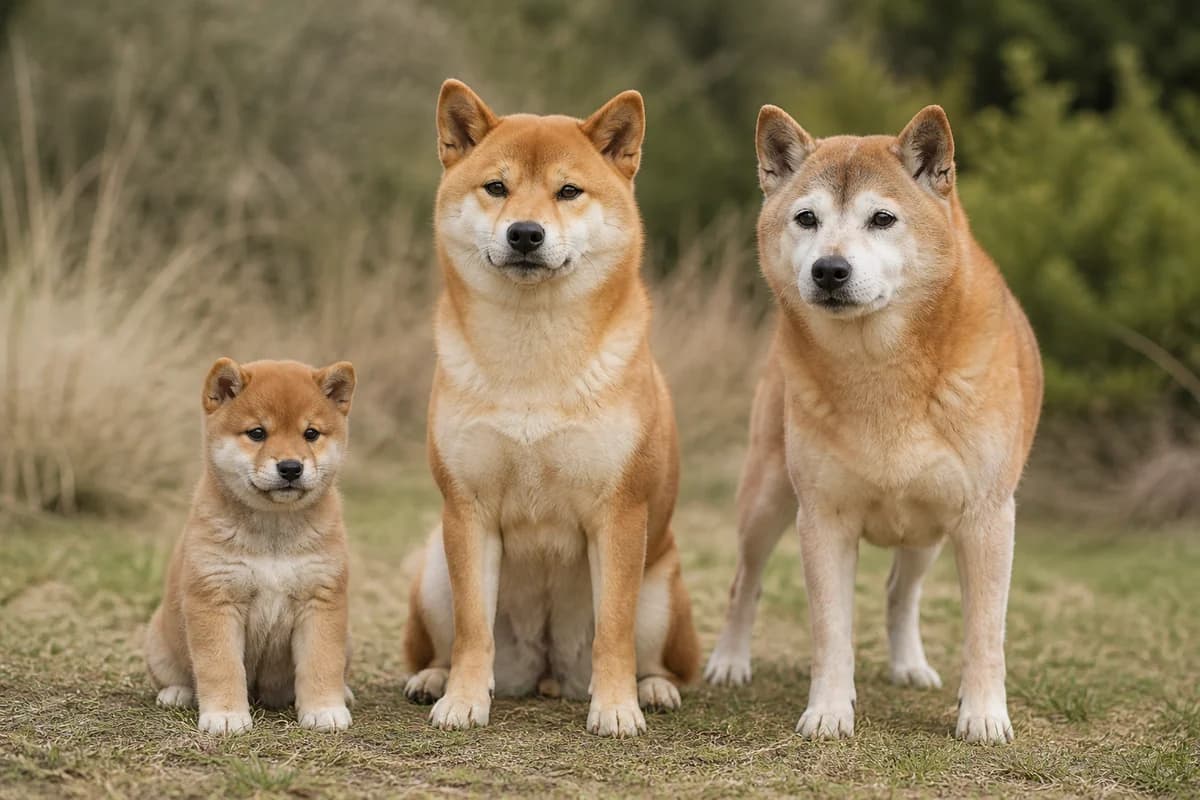 Portrait de trois shiba inu : un chiot, un adulte et un chien âgé