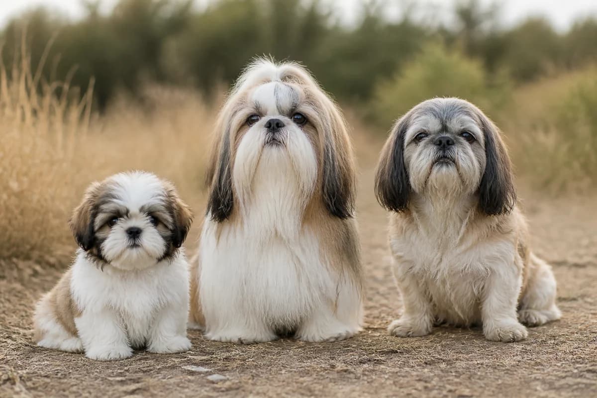 Portrait de trois shih tzu : un chiot, un adulte et un chien âgé