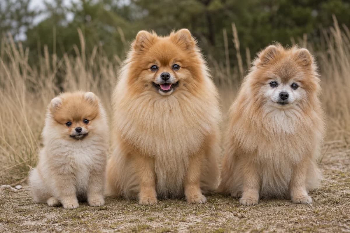 Portrait de trois spitz allemand (loulou de poméranie) : un chiot, un adulte et un chien âgé